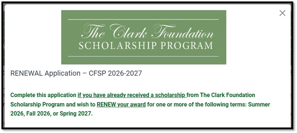 Renewal application screenshot on the Clark Foundation Scholarship online portal