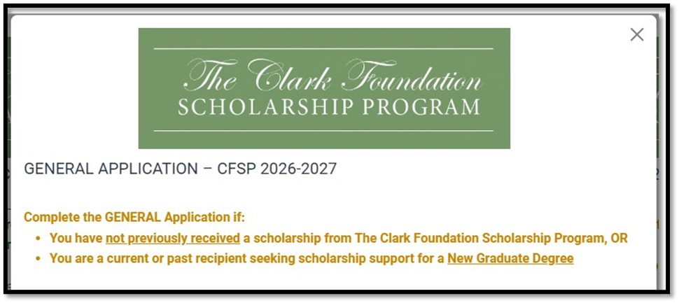 General application screenshot on the Clark Foundation Scholarship online portal